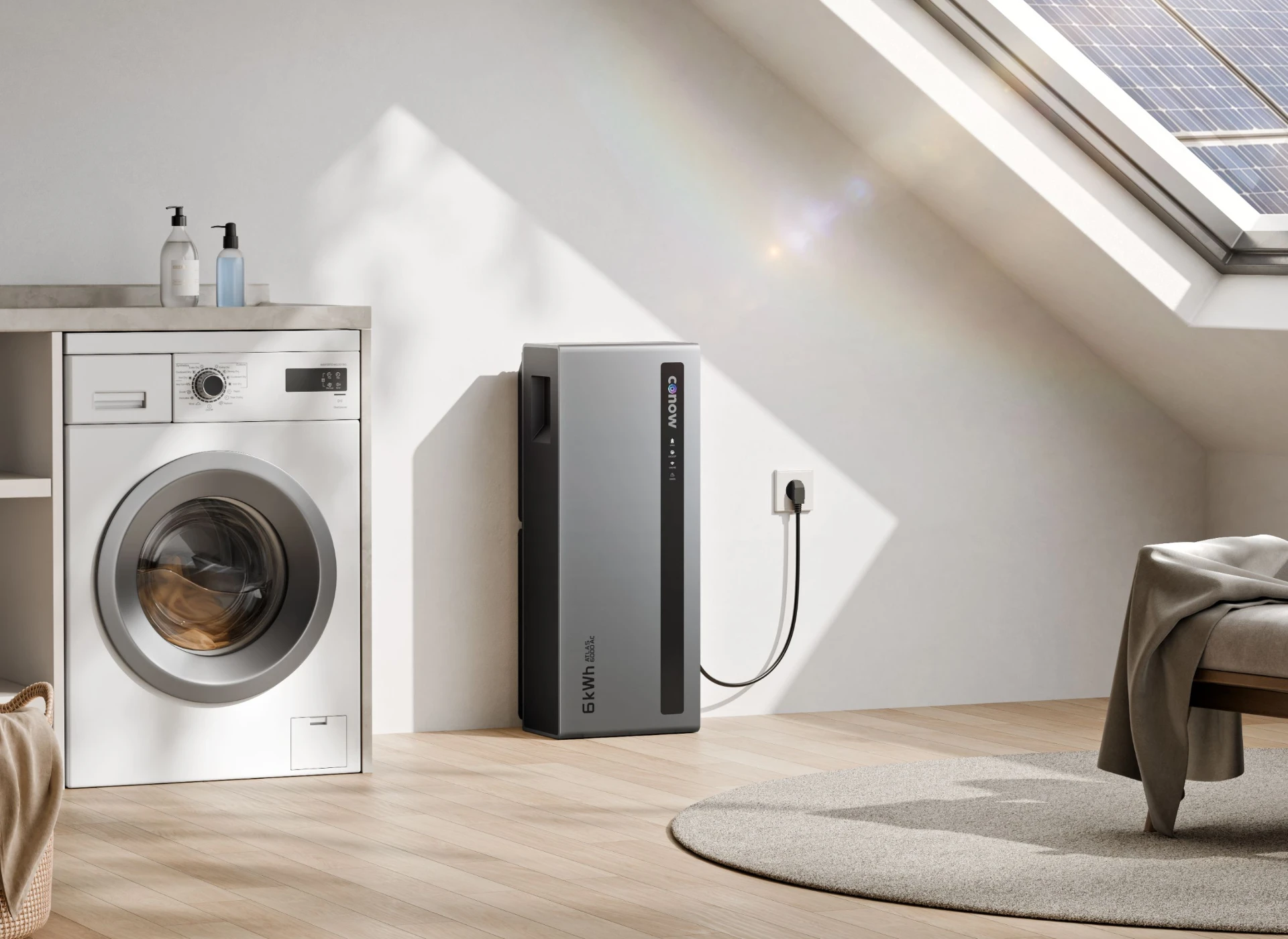 CONOW Atlas 6000 AC installé à domicile, 6 028 Wh de capacité utile, 3 000 W de puissance bidirectionnelle